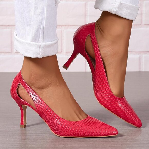 Women's Red Faux Leather Pumps Pointed Closed Toe Kitten Heel Pump Shoes - Picture 5 of 5